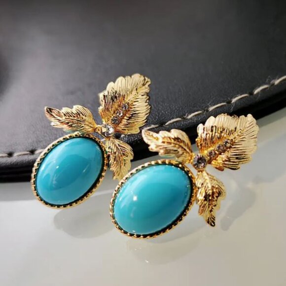 NEW Charisse 18K Gold Plated Turquoise Rococo Statement Earrings - Picture 3 of 4